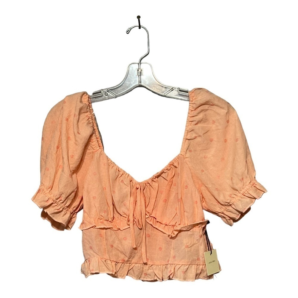 Suite 2939 Puff Sleeve Ruffled Cropped Top Peach Plaid Mini Dot